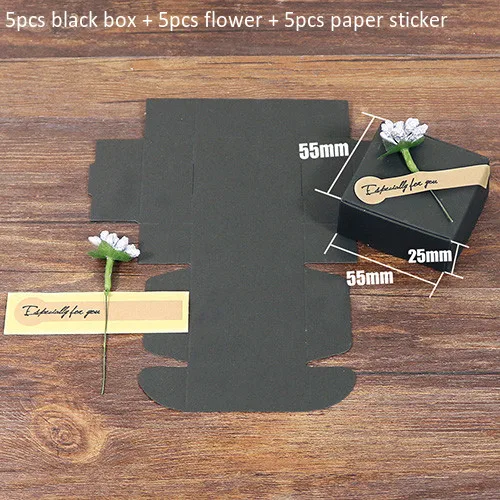 55x55x25mm black 5 наборов, мини-коробка из крафт-бумаги и искусственный цветок, сделай сам, Свадебная подарочная коробка, маленькое печенье, бумажная коробка, упаковка с бумажными наклейками - Цвет: 55x55x25mm black