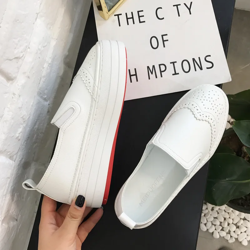 Genuine Leather Breathable Women Sneakers Fashion Increase Shoes for Slip on White Creepers Platform 2018 | Обувь