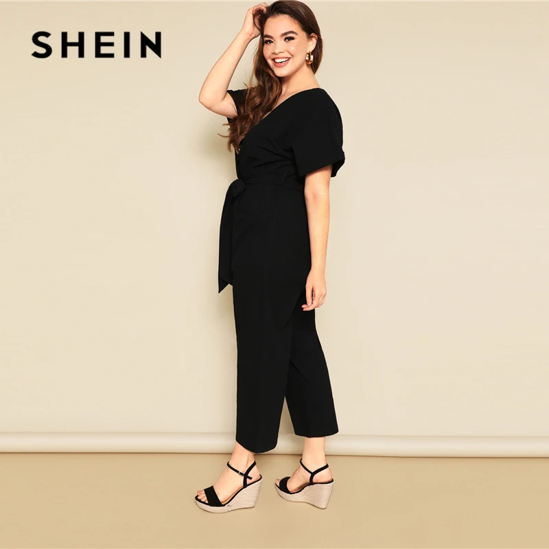 SHEIN Plus Size Button Front Wide Leg Belted Jumpsuit Women Spring Summer Casual V Neck Short Sleeve Longline Jumpsuits