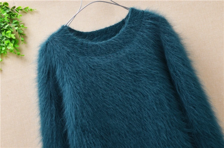 (size:M) Elegant thicken warm genuine mink cashmere slim hand knitting long sleeves o-neck angora rabbit pullover sweater winter | Женская