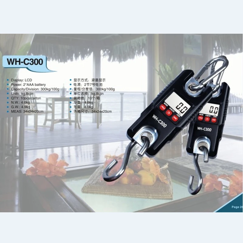 

300kg 0.1kg Portable Digital Crane Scale 300KG 100g LCD Electronic Hanging Scale Stainless Steel Hook Loop Weighing Balance C300