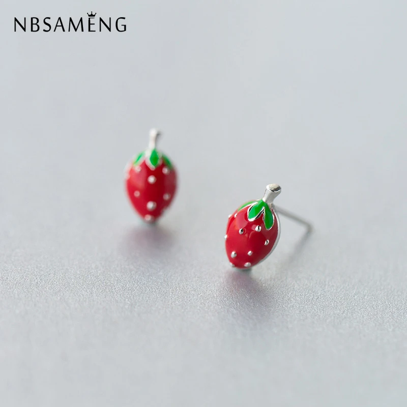 

NBSAMENG Original 925 Sterling Silver Tiny 6*10mm Fruit Red Stawberry Stud Earrings For Women Girl Jewelry Gift Prevent Allergy