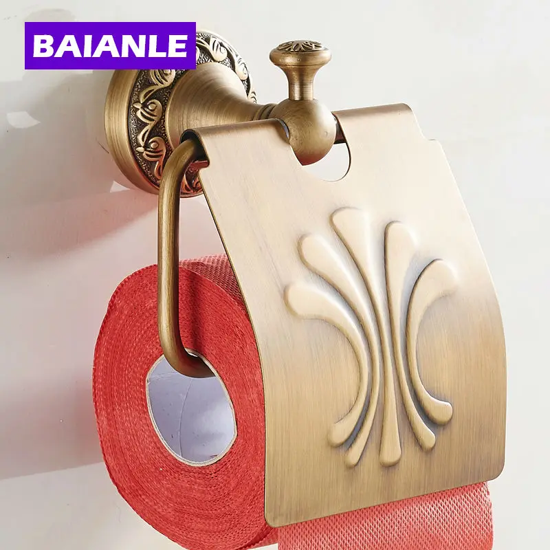 

BAIANLE Bathroom Toilet Paper Holder Waterproof with Hook European Antique Copper Paper Towel Rack Wall Mounted Roll Paper Rack