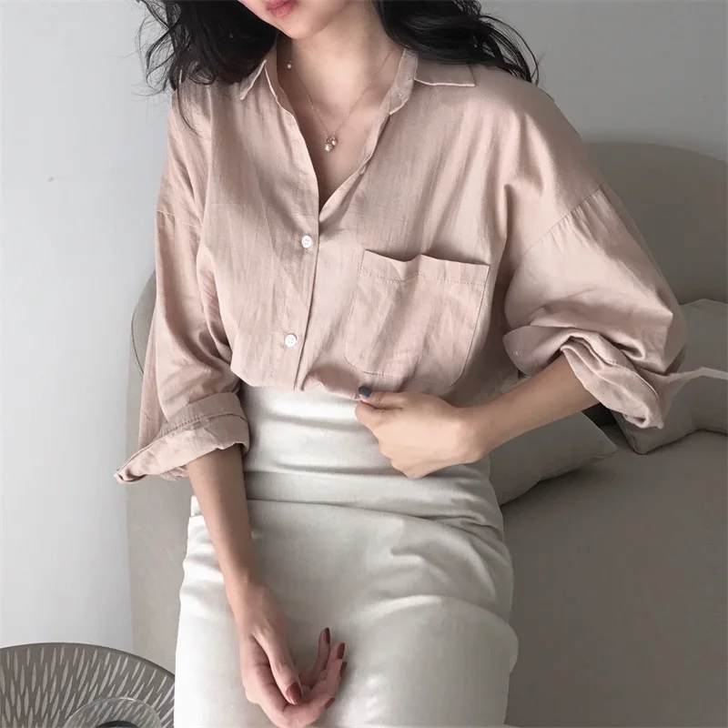 Женская рубашка с отложным воротником однобортная карманами|Рубашки| |