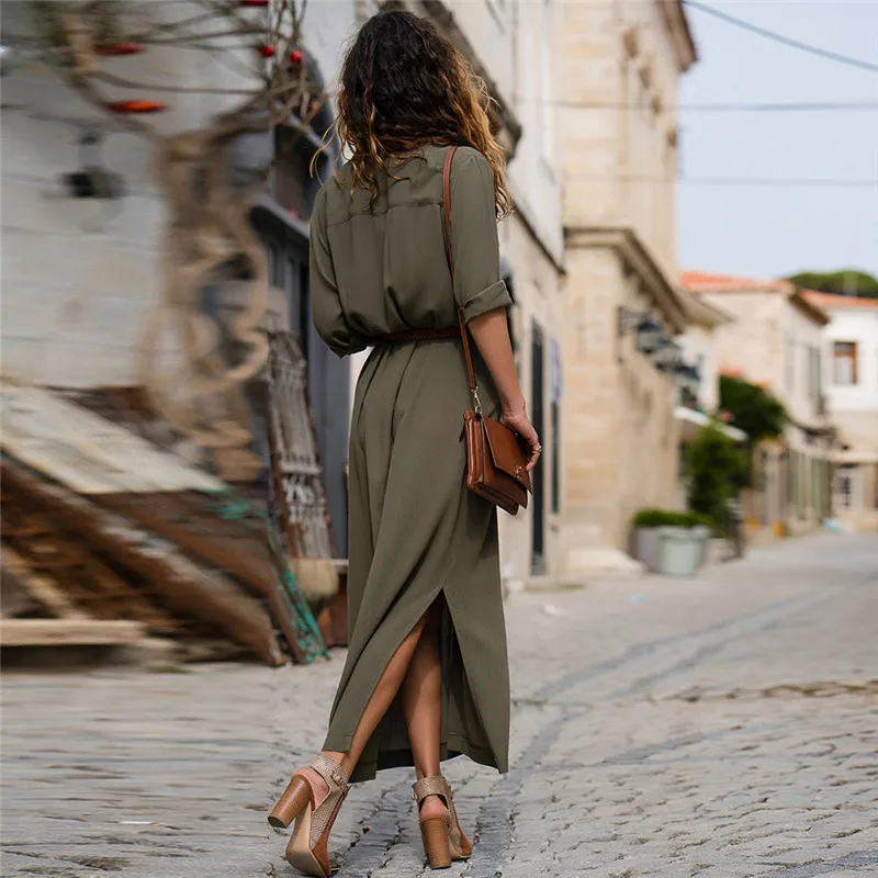 Summer Vestidos de fiesta Causal Loose Half Sleeve Long Collar Neck Solid Color Open with Split Button Women Party Dress W1017 | Женская