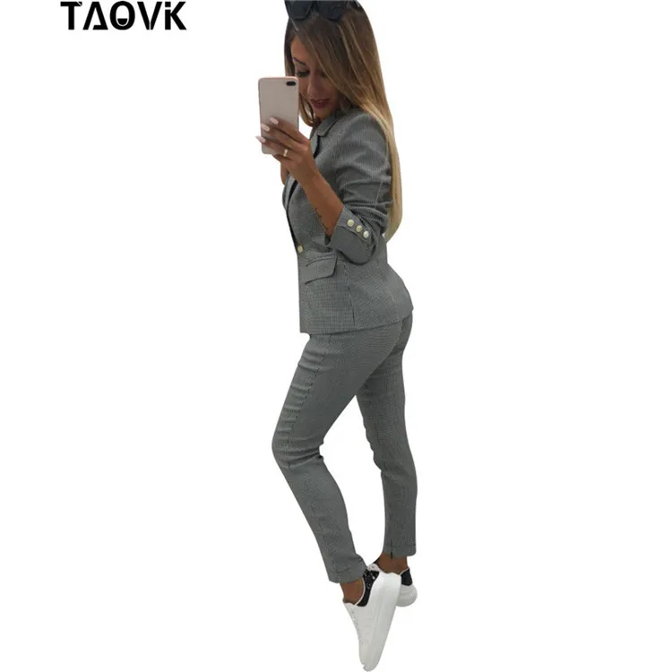 TAOVK шикарные женские маленькие клетчатые костюмы деловые брючные костюмы на одной пуговице 2 кармана Блейзер на подкладке топ и брюки комплект из двух предметов