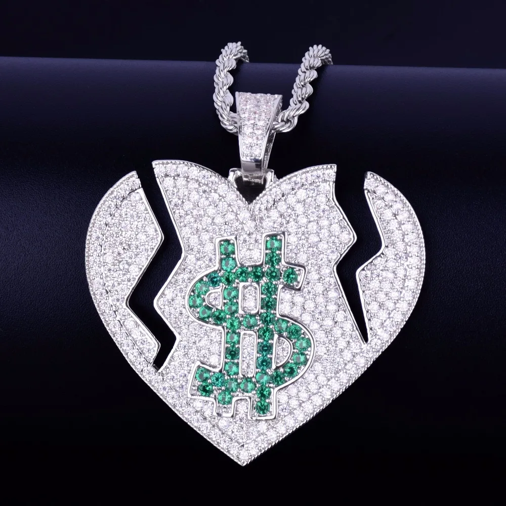 Iced Out Broken Heart Dollar Symbol Love Pendant Necklace With Tennis Chain AAA Cubic Zircon Men's Women Hip hop Rock Jewelry