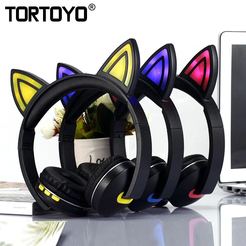 Наушники TORTOYO с кошачьими ушками и разноцветным светодиодным освещением Bluetooth
