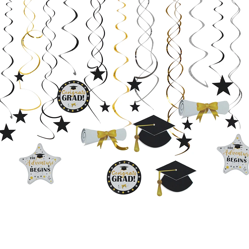 

24pcs/Set Graduation Hanging Decorations Swirls Kit for Congrats Class Celebration Card Academic Cap Star Classroom Decoration