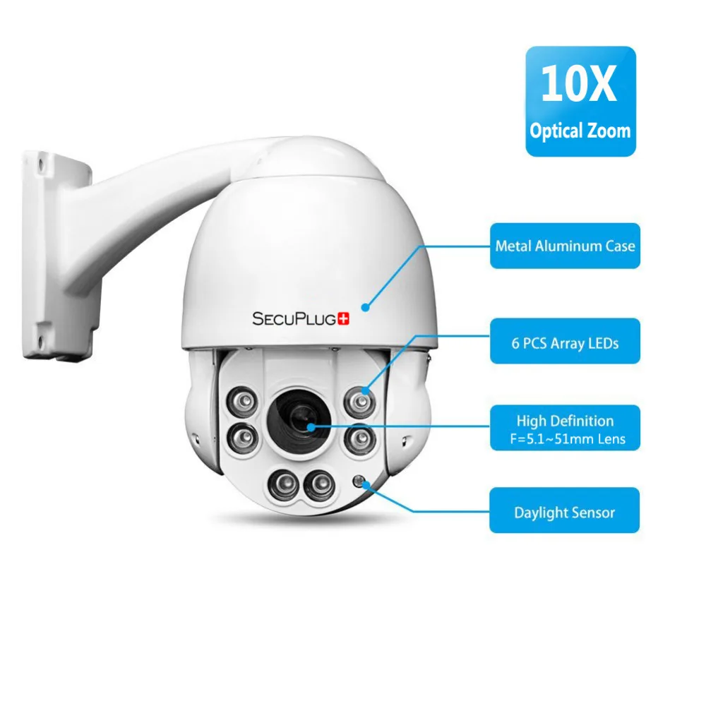 Secuplug + PTZ IP Камера ONVIF 1080 P Full HD 2mp высокое Скорость купол S видеонаблюдения 10X зум ИК