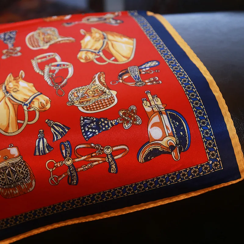 

High quality 100% real silk scarf saddle leather printed navy blue silk scarf handbag decor scarf