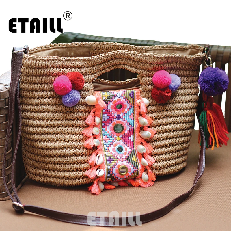 Летние богемные трикотажные соломенные модные женские сумки пляжные помпон