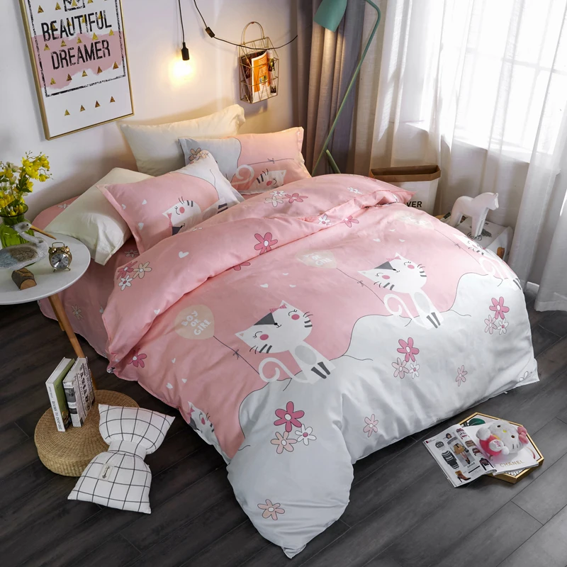 Cartoon Cute Kitten Pattern Bedding Sets Set Polyester Fabric Reactive Printing Hot Sale Comforter Bed Queen Size 3/4Pcs | Дом и сад