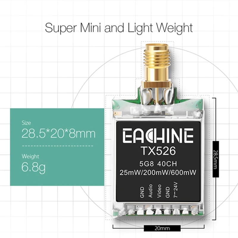 Eachine TX526 5,8G 40CH 25 МВт/200 мВт/600 мВт переключаемый AV беспроводной FPV передатчик RP-SMA женский для FPV мультикоптера