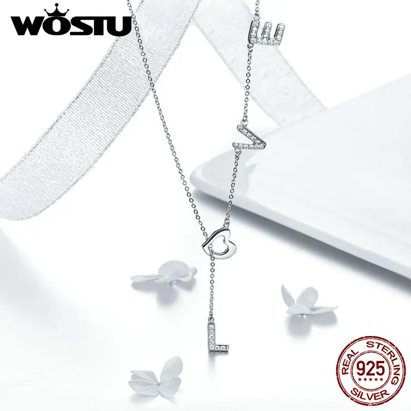 WOSTU серебро 925 пробы любовное письмо циркон кулон ожерелья длинная цепочка для