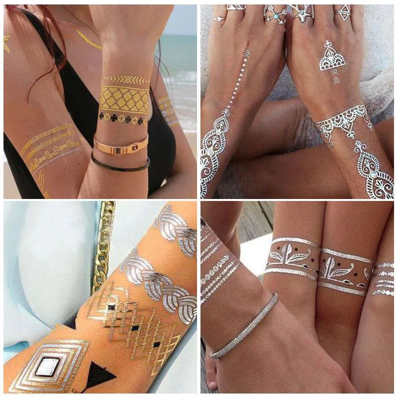 

Hot sales DIY Flash Tattoos Gold Silver Metal Temporary Tattoos Golden necklace Tattoo hair tattoo Wholesale makeup for girl boy