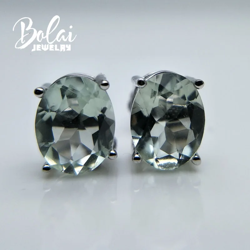 Bolaijewelry, простые серьги, натуральный зеленый аметист, овальная огранка 6*8 мм, драгоценный камень, серебро 925 пробы, хорошее ювелирное изделие для женщин, вечерние, подарок