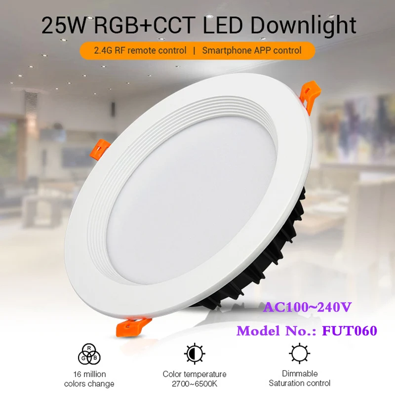 

25W RGB+CCT recessed indoor led ceiling Downlight dimmable AC100~240V hole size 200~210mm Compatible with 2.4G RF remote control