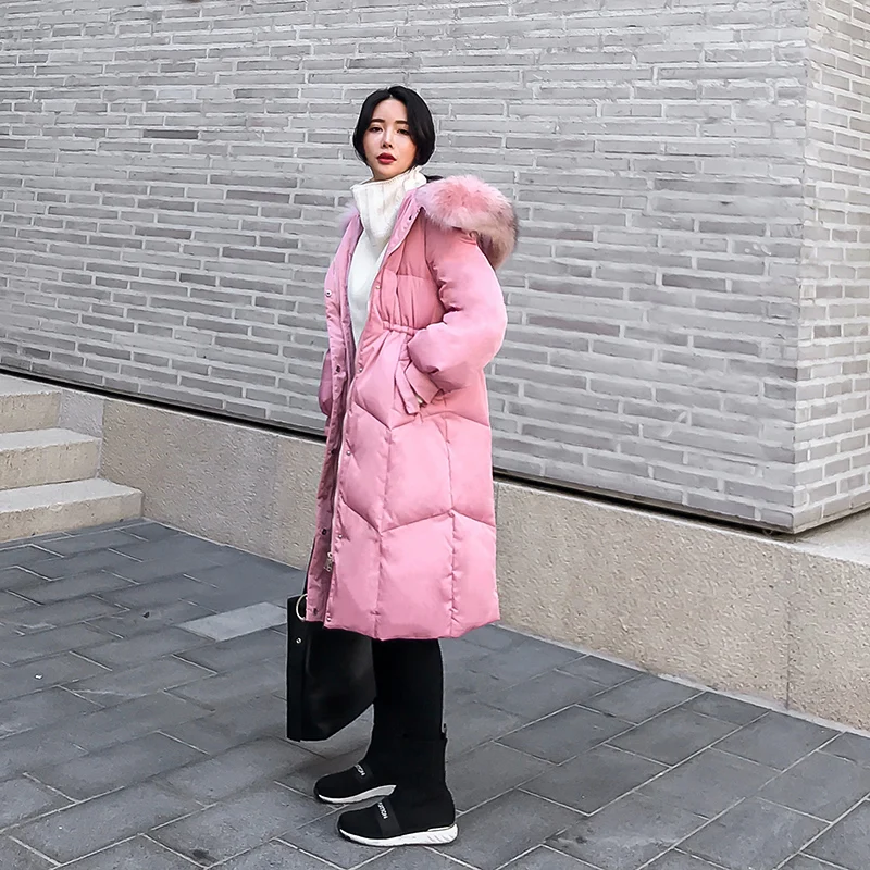 pink Tcyeek Зимний пуховик для женщин, зимнее пуховое пальто, женская одежда с капюшоном из натурального меха енота, Длинные парки, розовые куртки LWL1148 - Цвет: pink