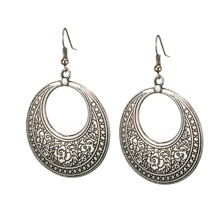 E020022BB-silver Индийские этнические Драгоценности серебряного цвета металлическая подвеска с кисточкой серьги для женщин в богемном стиле в форме Луны цветок Тотем Капля воды Серьги - Окраска металла: E020022BB-silver