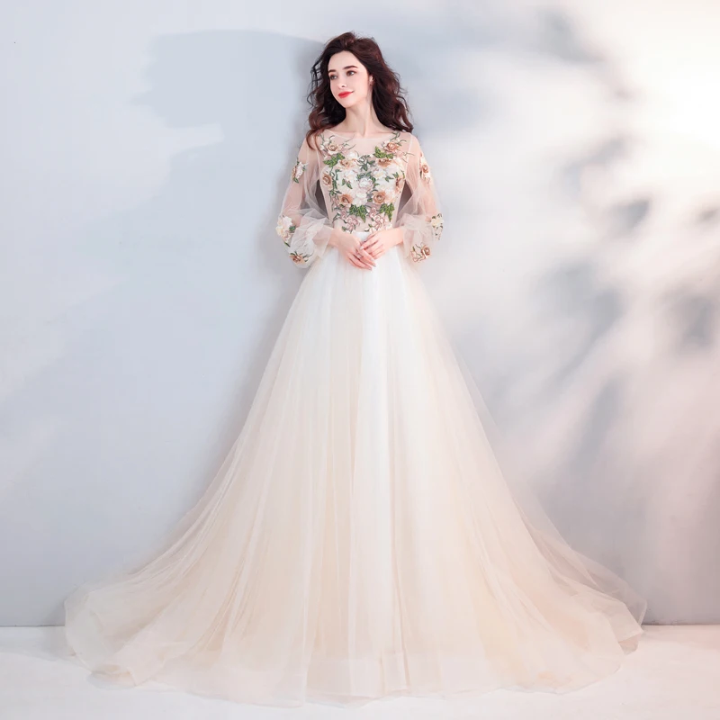 

2020 Long Evening Dresses Light Champagne Illusion Appliques 3/4 Sleeves Transparent Vestido De Party Dress LF409