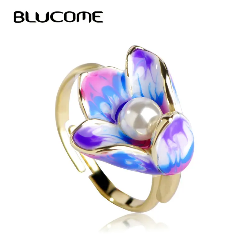 Женское кольцо с эмалью Blucome фиолетовое регулируемое искусственным жемчугом