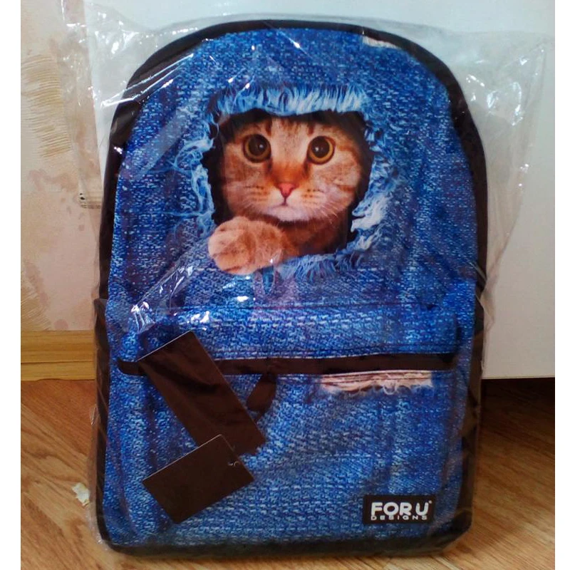 FORUDESIGNS/парусиновые школьные рюкзаки Джинсовый Рюкзак с принтом кота для