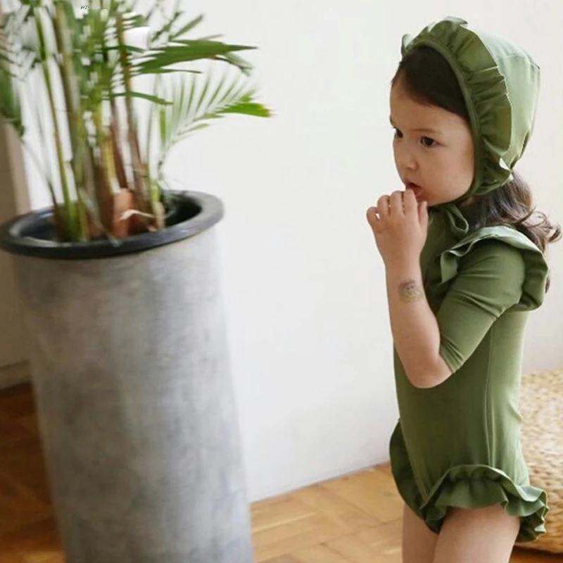 Цельный милый пляжный спортивный Одноцветный купальный костюм для девочек