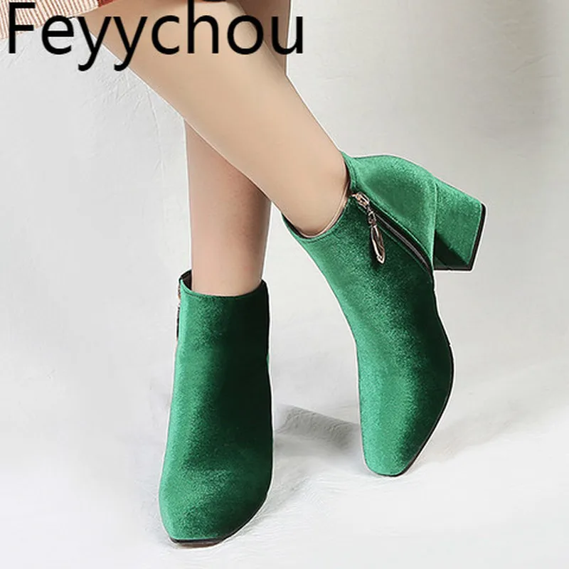 Женские ботинки Сезон осень зима Теплые Челси из флока на высоком каблуке с