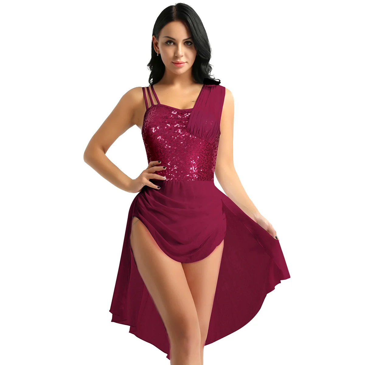 Wine Red Для женщин и девушек Одежда для бальных танцев на тонких бретельках, без рукавов, отделанное пайетками и асимметричное шифоновое платье балетное платье, гимнастический купальник - Цвет: Wine Red