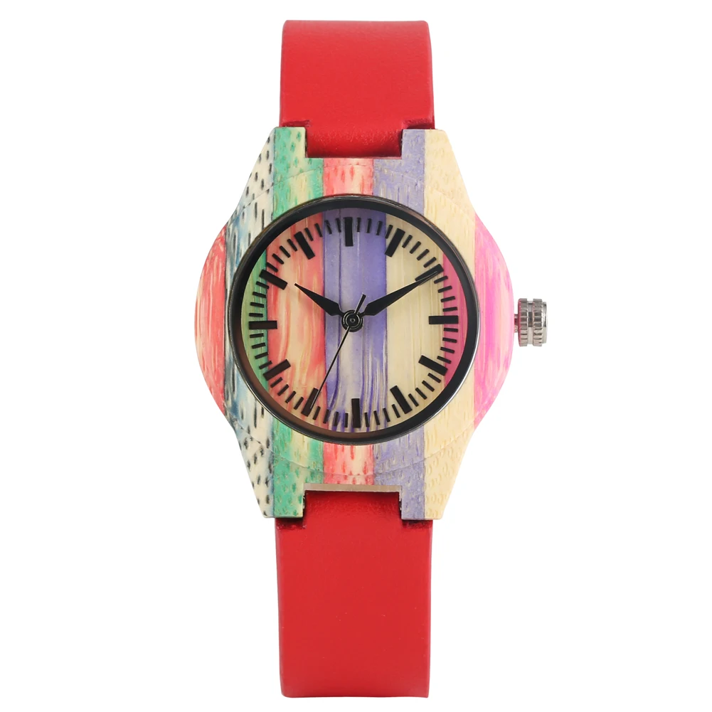 

Women's Watch Colorful Bamboo Case Watch Lightweight Quartz Analog Bamboo Wristwatch Premium Red Leather Strap Watch