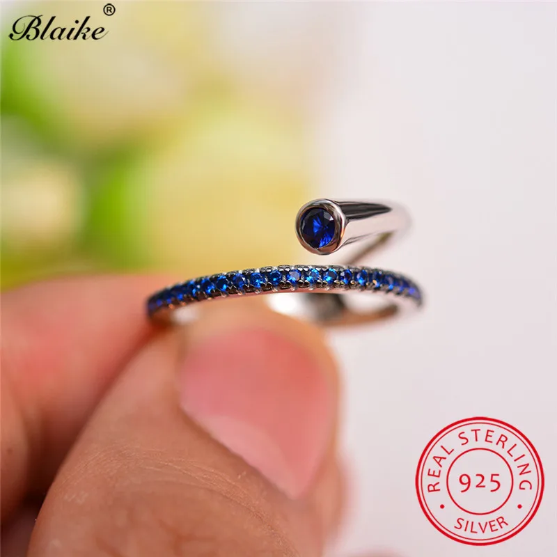 Blaike 925 пробы серебряные кольца для женщин Голубой Сапфир циркон камень Обручальные кольца минималистский обручальное кольцо ювелирные украшения