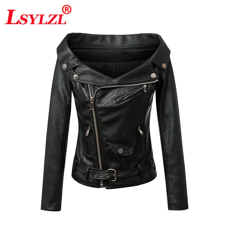 2018 осенние пикантные с открытыми плечами отложным воротником кожаная куртка Для