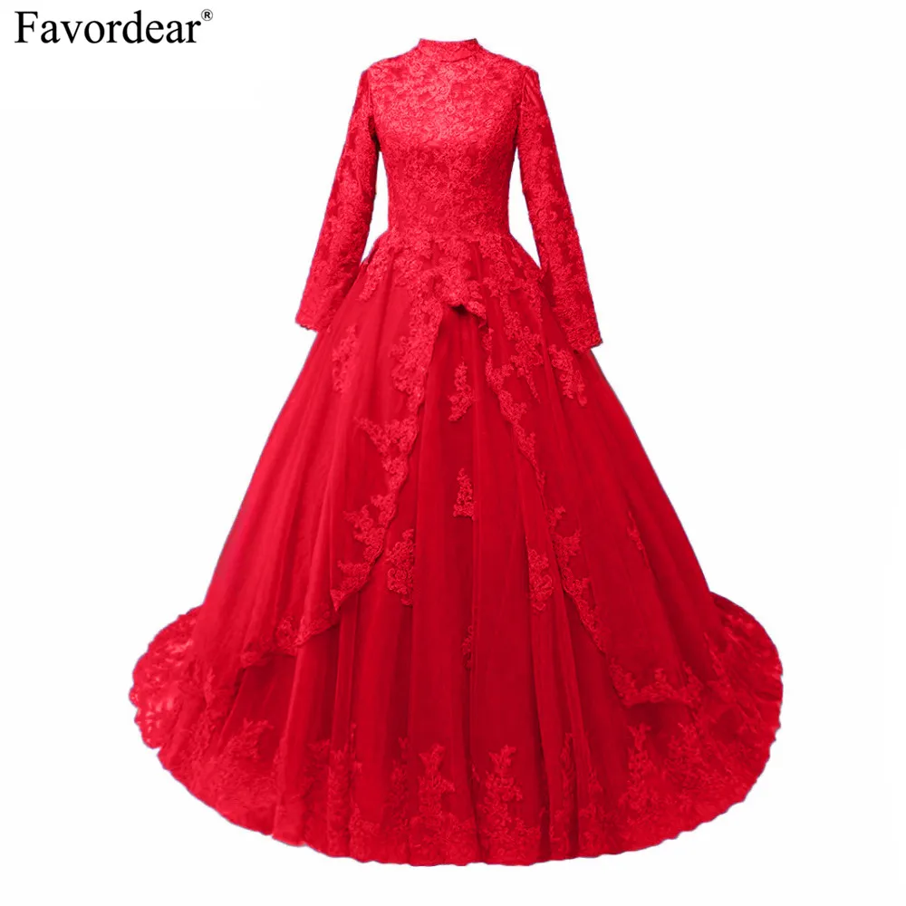 Favordear 2018 muslim evening dress kaftan dubai Evening Dresses Lace Appliques Ball Gown Long Sleeve Muslim Dress | Свадьбы и