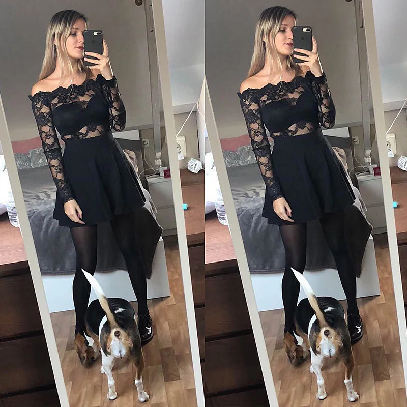 Pholeey Women Perspective Sexy Black Lace Bodycon Top Hollow Out Off Shoulder Long Sleeves Elegant Ladies Shirt Slash Neck Tops |