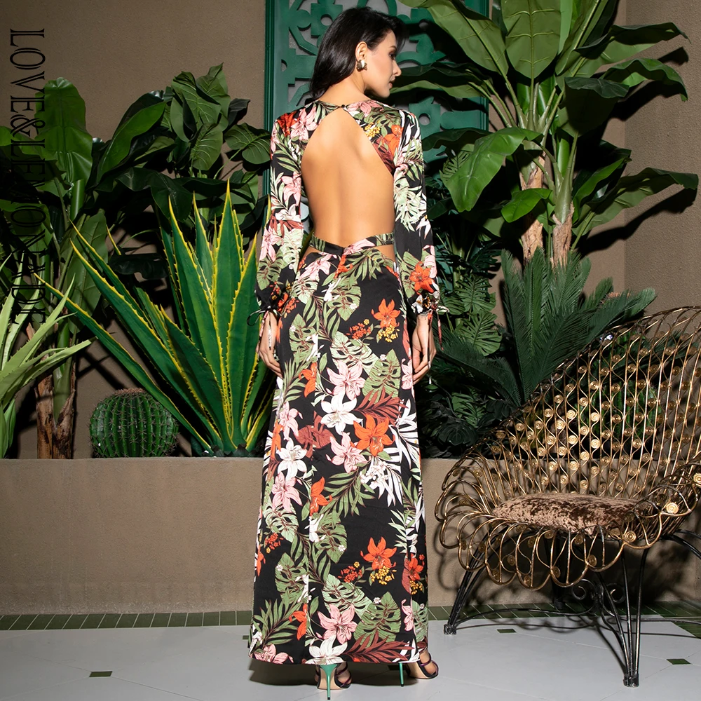 

LOVE&LEMONADE Sexy Deep V-Neck Cut Out Open Back Lantern Long Sleeves Beach Print Maxi Dress LM81831-1