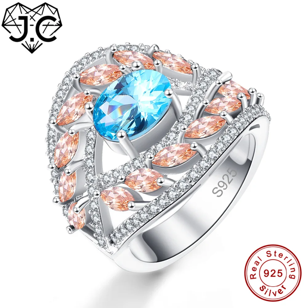 

J.C Women Noble Fine Jewelry Luxury Oval Rainbow & Blue & Amethyst & Morganite Topaz Solid 925 Sterling Silver Ring Size 6 7 8 9
