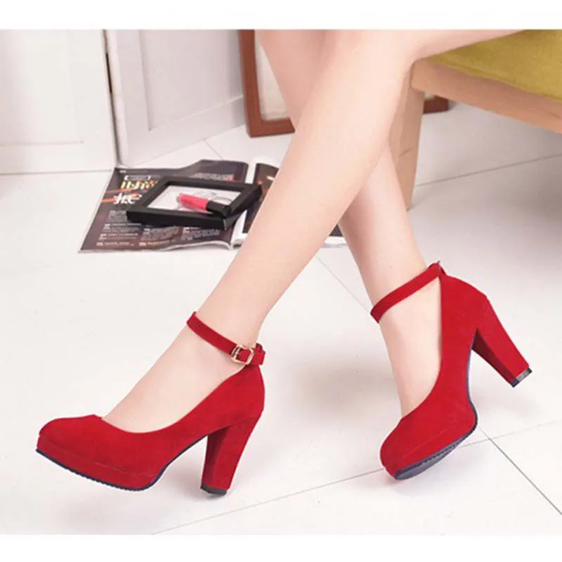 

Red Ankle Strap Heels Suede Chunky Heel Pumps Spring Summer Autumn Attractive Incomparable Generous FSJ Elegant Sexy Noble
