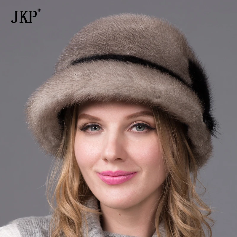 100% натуральный мех норки шапка с полями Осень Зима Женская рюшами Jurchens теплая