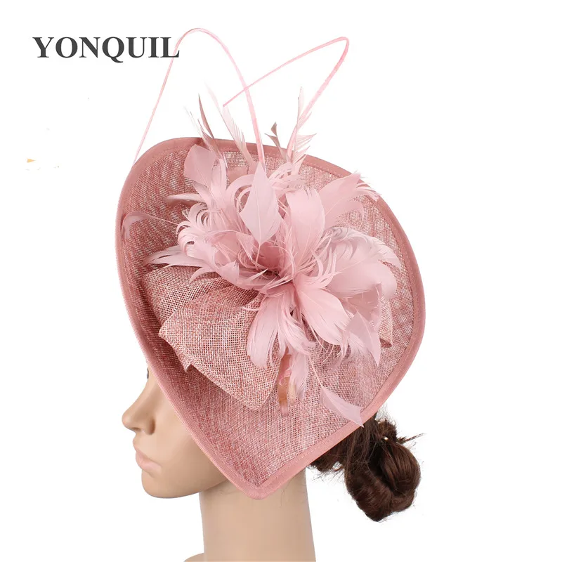 peach Vintage Army green kenducky derby fascinator hair hats for elegant women wedding church occasion accessories feathers headpieces - Цвет: peach