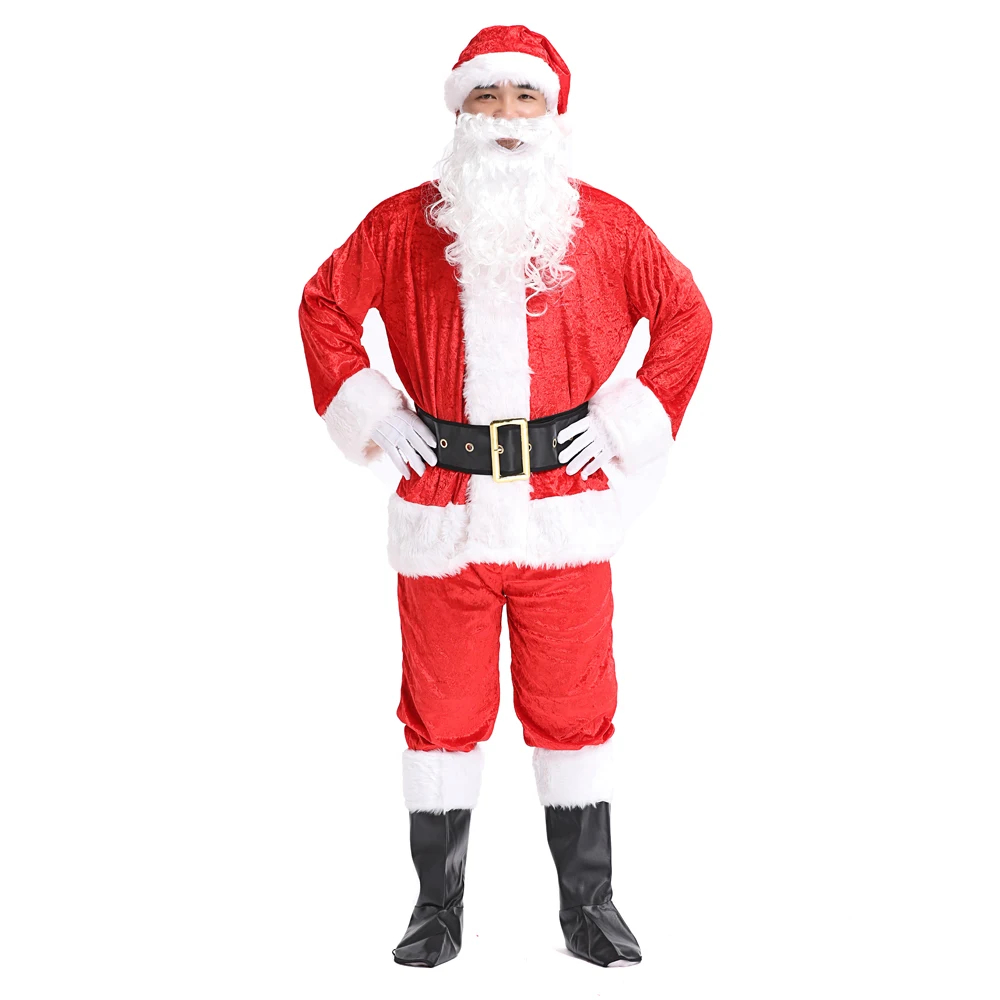 Полный комплект, Рождественский костюм, костюм Санта-Клауса для взрослых, Красная рождественская одежда, роскошный костюм Санта-Клауса+ шапка+ борода+ перчатки+ ремень