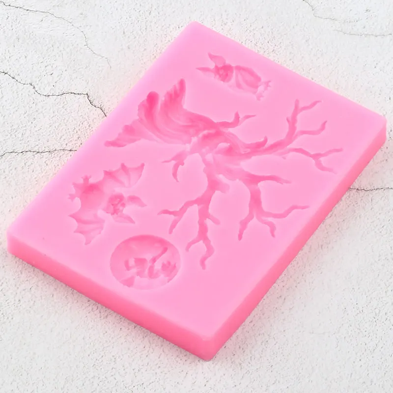 3D Halloween Silicone Molds Tree Bat Owl Fondant Mold DIY Party Cake Decorating Tools Candy Clay Chocolate Gumpaste Moulds | Дом и сад