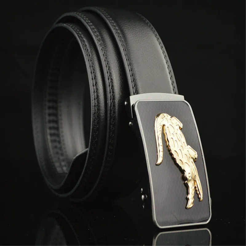 High Quality Men Belts Automatic Metal Crocodile Buckle Top Leather Luxury Brand Fashion Black Litchi Stripe Stitches Male Belt