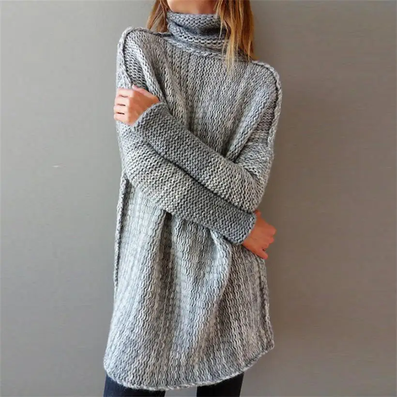 light grey Новинка, горячая Распродажа, женские весенне-осенние свободные вязаные свитера с высоким воротом, женский длинный стильный пуловер, свитер - Цвет: light grey