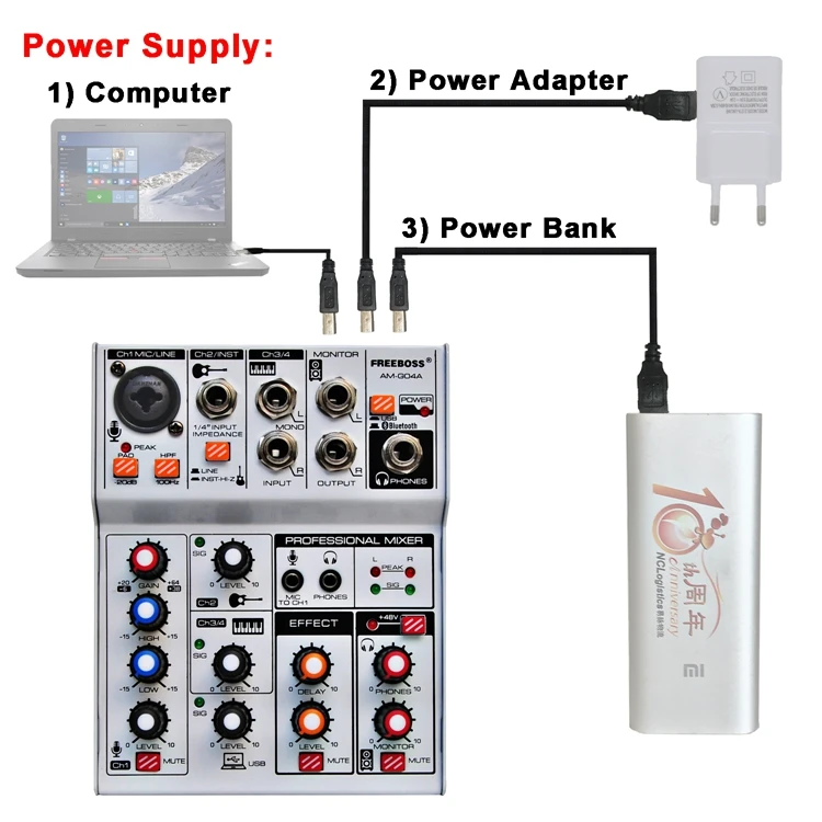 Freeboss AM-G04A USB Bluetooth Запись воспроизведения компьютера 4 канала Mic Line Insert Стерео Профессиональный звуковой микшер