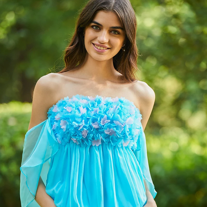 Платье для подружки невесты без бретелек голубое с аппликацией|custom bridesmaid