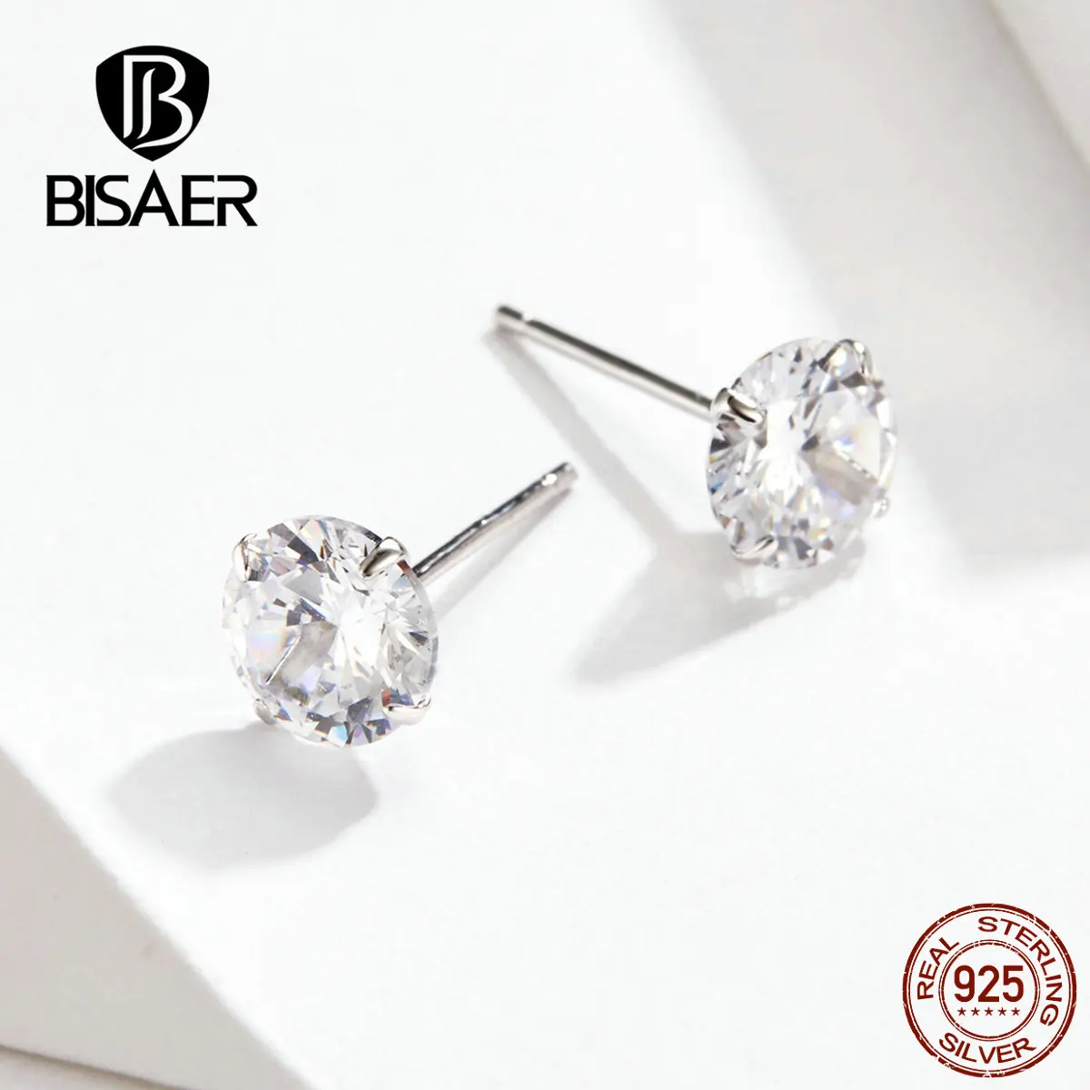 Bisaer классика, свадебные серьги, 925 пробы, серебро, кубический циркон, простые женские серьги-гвоздики, Женские Ювелирные изделия из стерлингового серебра EFE166