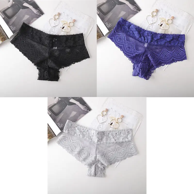 black blue grey 3 шт., женские трусики, сексуальное кружевное нижнее белье с низкой талией, Женские Дышащие прозрачные брендовые качественные новые женские трусики BANNIROU - Цвет: black blue grey
