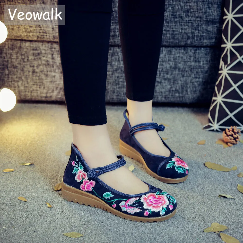 Veowalk Флокированная хлопчатобумажная ткань Женская вышитая плоская платформа