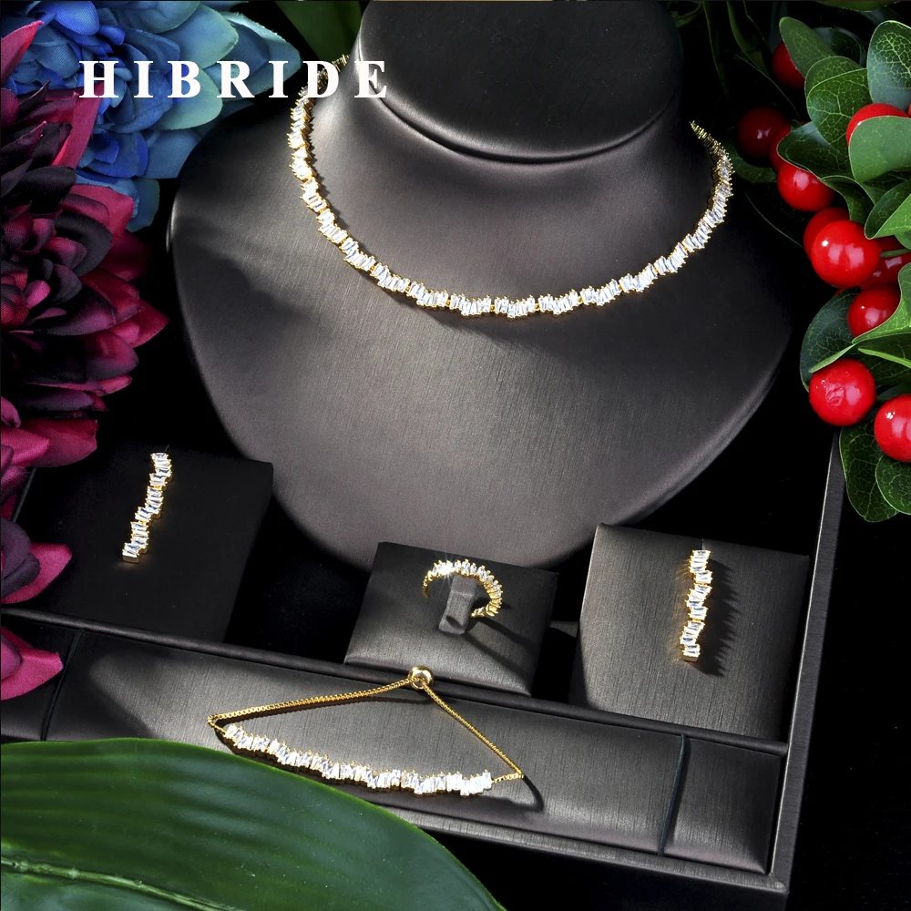 HIBRIDE Fashion Engagement Party 4pc Jewelry Sets With White full Zircon New Tassel Design Bridal Jewelry Acessories Set N-42